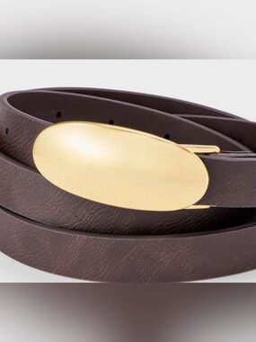 Classic Brown Leather Belt with Gold Oval Buckle